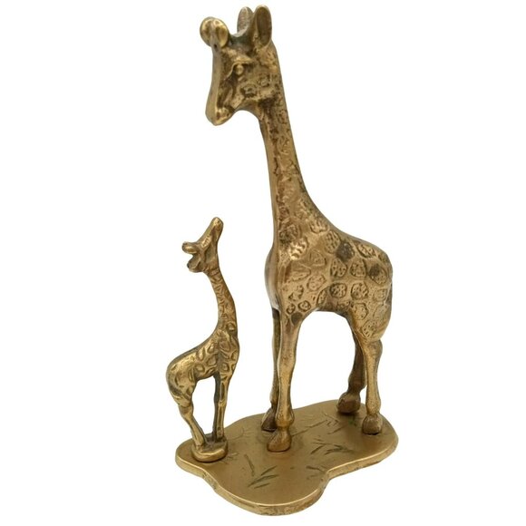 Vintage Brass Giraffe Figurine Mom and Baby 7" Mid Century Animal Sculpture - Picture 2 of 16